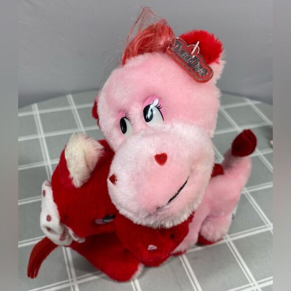 Vtg DanDee Plush Valentines Pink & Red Cross Neck Dinosaurs Loving Brontosaurus - Picture 2 of 13